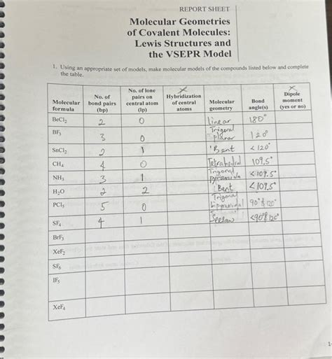 Solved REPORT SHEET Molecular Geometries Of Covalent Chegg