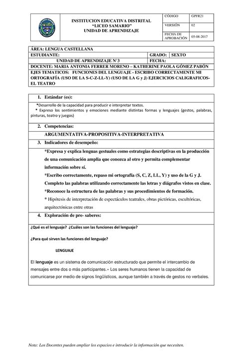 Funciones Del Lenguaje INSTITUCION EDUCATIVA DISTRITAL LICEO SAMARIO