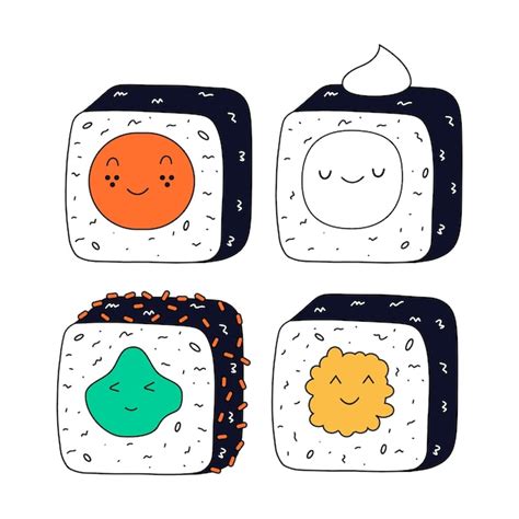 Conjunto De Diferentes Dibujos Animados Kawaii Rollos Iconos Sushi De