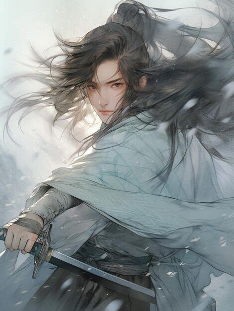 Premium Photo | Anime girl with sword in snow storm with wind blowing ...