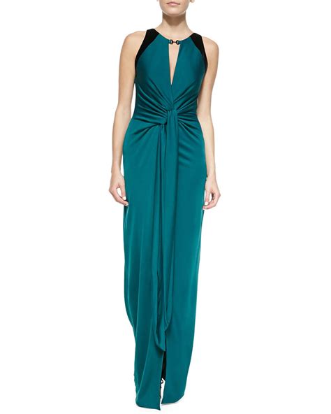 Halston Heritage Jersey Twisted Front Sleeveless Gown Satin Evening