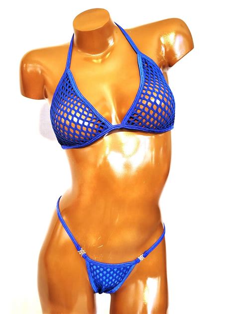 New Exotic Dancer Thong Bikini 2 Piece Set A B Cup Blue Cabaret Mesh EBay