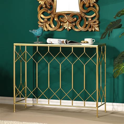 Modern Glass Console Table Gold Sofa Table With Mirror Tempered