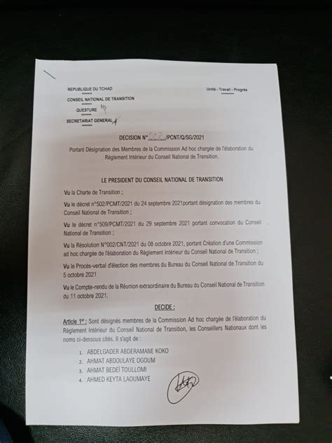 Tchad Cnt D Cision Portant D Signation Des Membres De La Commission