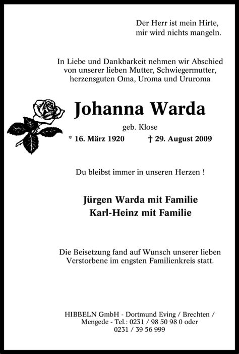 Traueranzeigen Von Johanna Warda Trauer In Nrw De