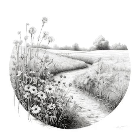 premium ai image flower field chalk pencil landscape sketch doodle