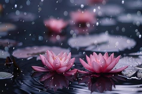 Premium Photo Beautiful Lotus Flowers On Water After Rain In Garden