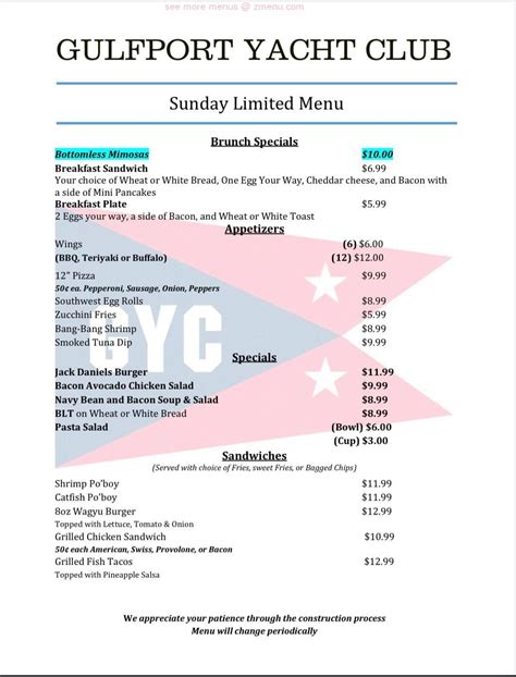 Menu at Gulfport Yacht Club, Gulfport