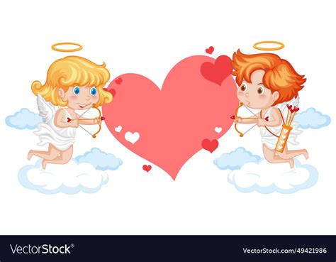 Two angel holding heart arrow with blank Vector Image