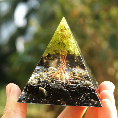 Gorgeous Peridot Tree Of Life Orgone Pyramid With Obisidian Orgone