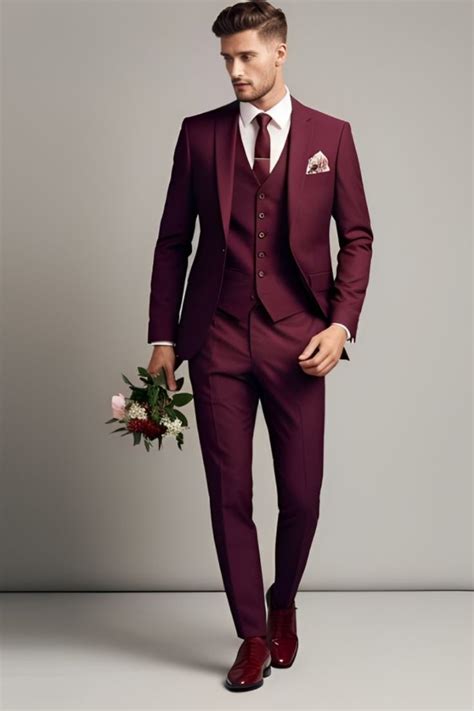 Elevate Your Style With Our Mens Dapper Burgundy 3 Piece Suit This