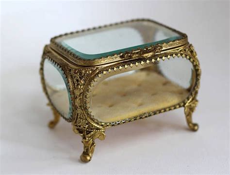 Vintage Ormolu Filigree Jewelry Box Beveled Glass Bronze Unique Jewelry Casket Trinket Box