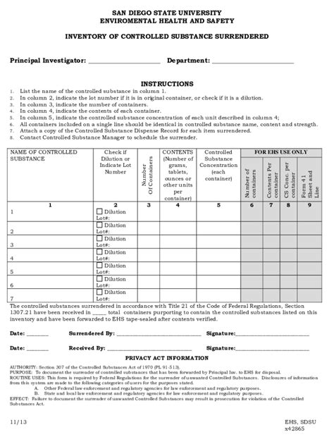 Fillable Online Bfa Sdsu Pdf Controlled Substance Inventory Form