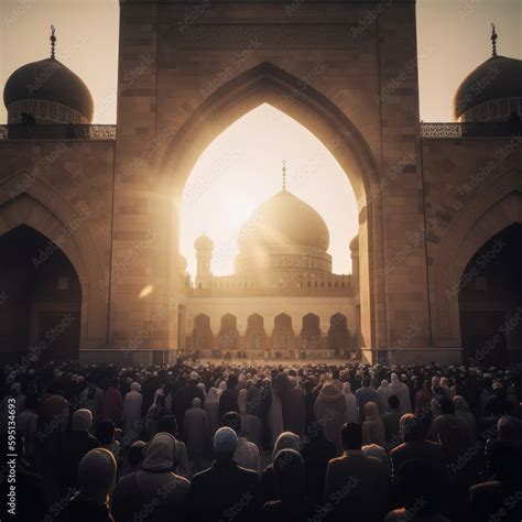 A group of people stand in front of a mosque with the sun shining through the arches. Crowd of ...