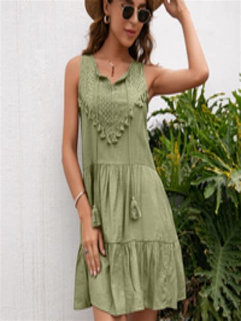 Buy Urbanic Green Self Design Lace A Line Tiered Dress Dresses For