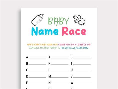 Gender Reveal Baby Shower Games Baby Name Race Game Printable Etsy