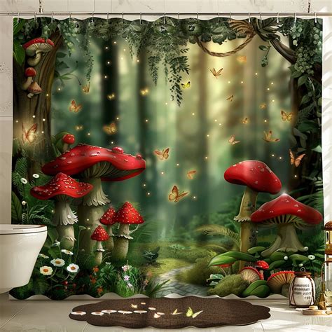 Mushroom Forest Shower Curtain With Butterflies And Fireflies Cartoon