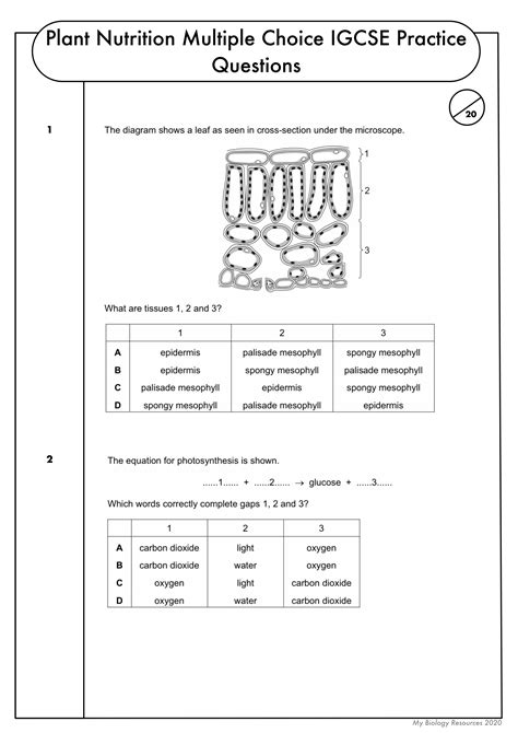 Gcse Biology Multiple Choice Topic Question Pack On Plant Nutrition