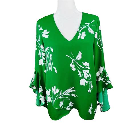 Vince Camuto Floral Whisper Printed Green Long Flutter Sleeve Blouse