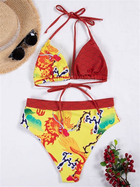 Chinese Dragon Print Triangle Bikini Swimsuit SHEIN USA