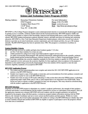 Fillable Online Rpi 2011 2015 STEP Application Rensselaer Polytechnic