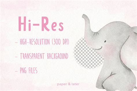 Watercolor Pink Baby Elephants Clipart Nursery PNG Graphics By