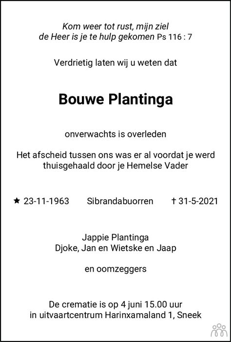 Bouwe Plantinga 31 05 2021 Overlijdensbericht En Condoleances