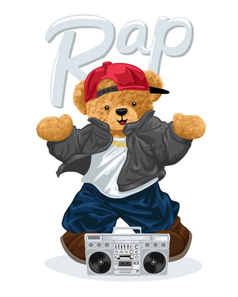 Hand Drawn Teddy Bear Cartoon In Hip Hop Style With Tape Recorder