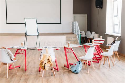 Empty Classroom and Desks Preparation in Primary School Building in ...