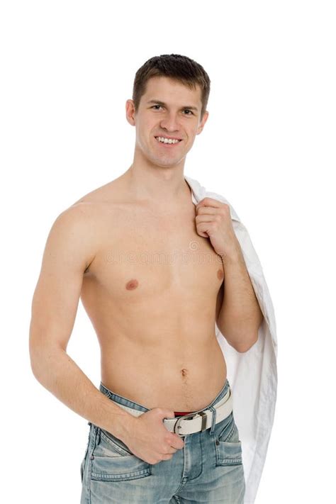 Smiling Guy With Shirtless In Jeans Stock Photo Image Of People