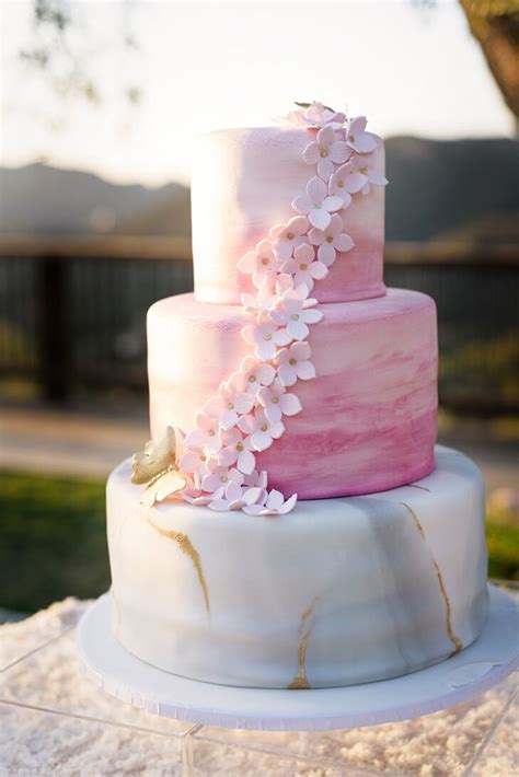 Hand Painted Pink Watercolor And Marble Fondant Wedding Cake