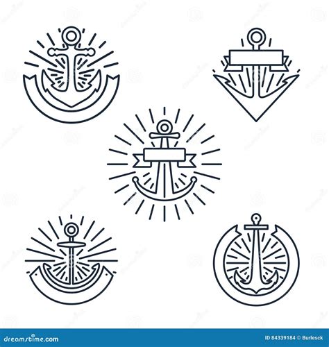 Vintage Anchors Linear Logo Set Or Line Nautical Labels In Retro Style