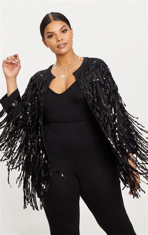 Plus Black Sequin Fringed Jacket Plus Size Prettylittlething Aus