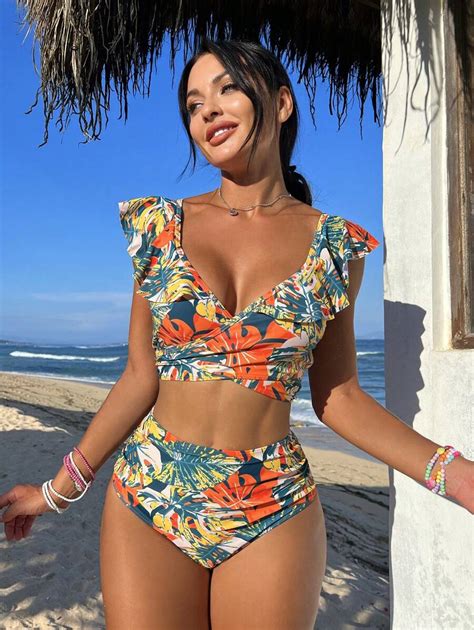 Shein Swim Vcay Tropical Print Ruffle Trim Bikini Swimsuit For Sale