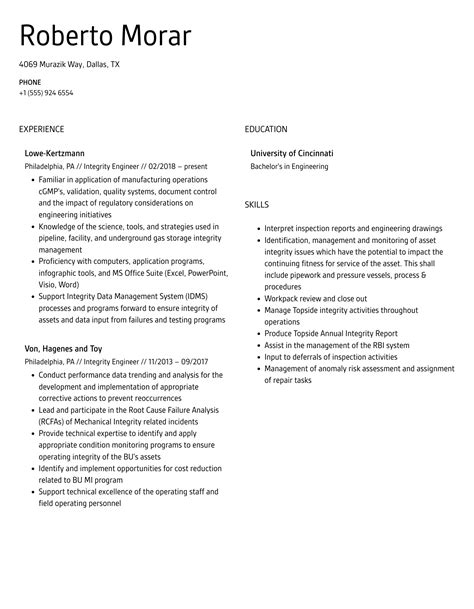 Integrity Engineer Resume Samples Velvet Jobs