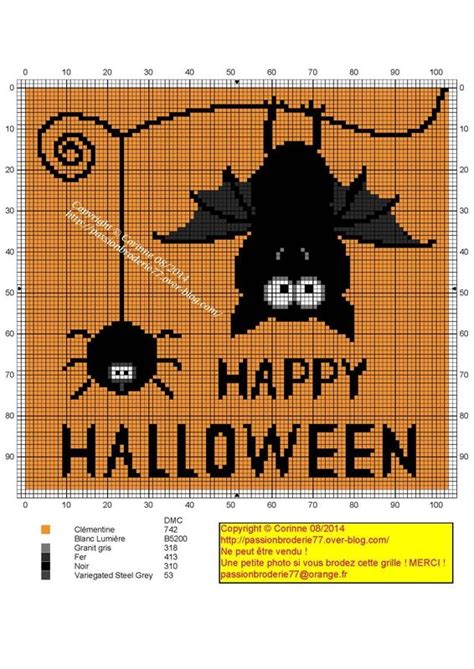 A Cross Stitch Pattern With The Words Happy Halloween Written In Black On An Orange Background