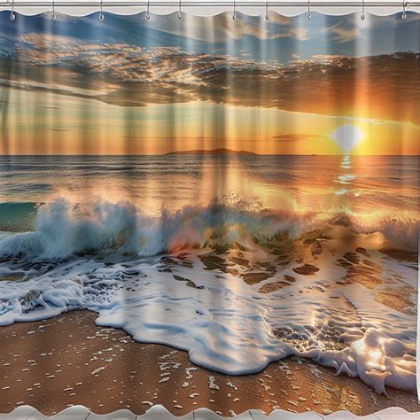 Sunset Ocean Waves Shower Curtain Hyperrealistic Beach Scene Stunning