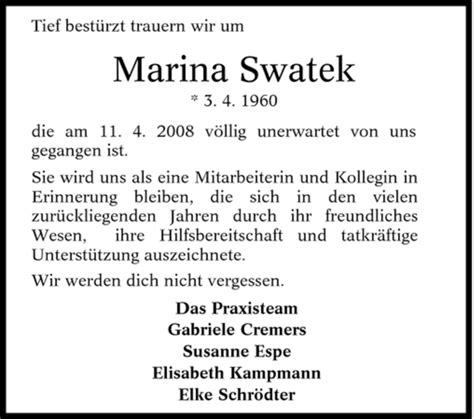 Traueranzeigen Von Marina Swatek Trauer In Nrw De