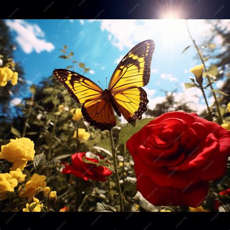 Premium Ai Image Illustration Of A Yellow Butterfly On A Red Rose