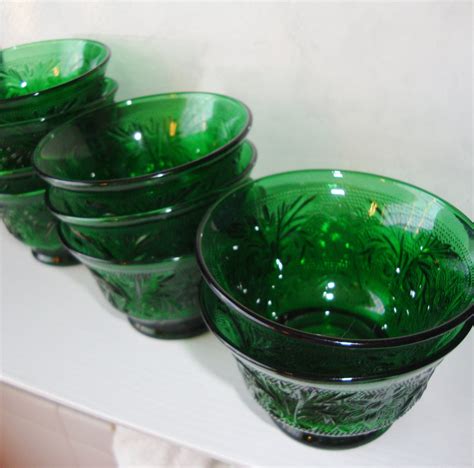 Forest Green Anchor Hocking Sandwich Glass Custard Cups Set