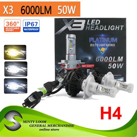 1 Set H4 HB2 9003 X3 LED Headlight 50W 6000LM Fanless All In One