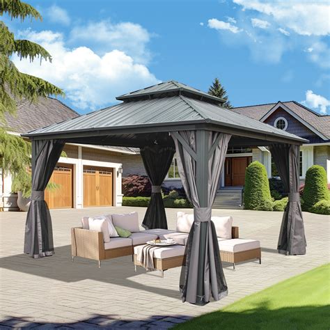 Domi Louvered Galvanized Steel Patio Gazebo With Overhang Slope Design Double Roof And Reviews