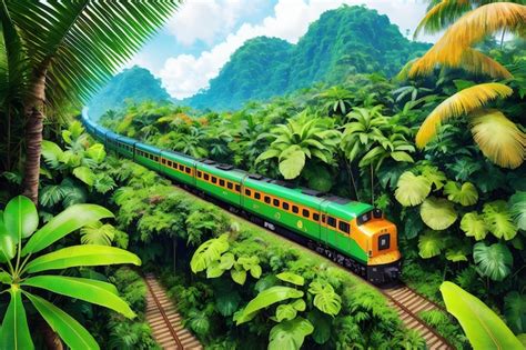 Premium AI Image Train Traveling Through The Lush Green Forest Jungle