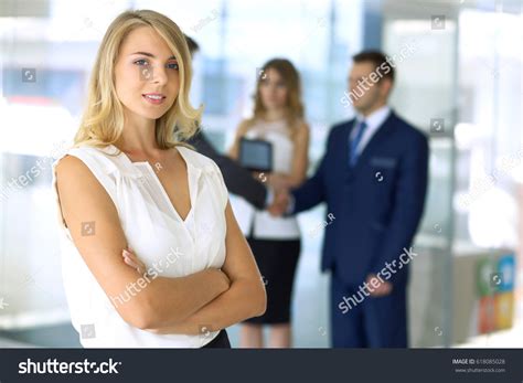 Blonde Woman Computer Looking Camera Smiling Stock Photo Shutterstock