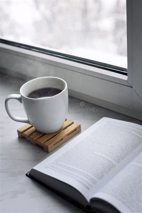 Cozy Home Still Life Cup Of Hot Coffee Or Tea And Opened Book On