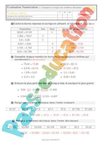 Comparer Et Ranger Des Nombres D Cimaux Cm Evaluation Avec La