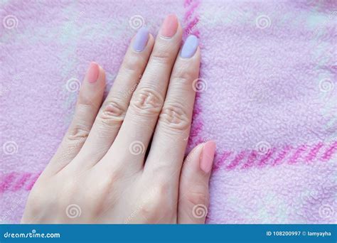 Bello Smalto Rosa Mani Femminili Con Il Manicure Rosa Delle Unghie Sul