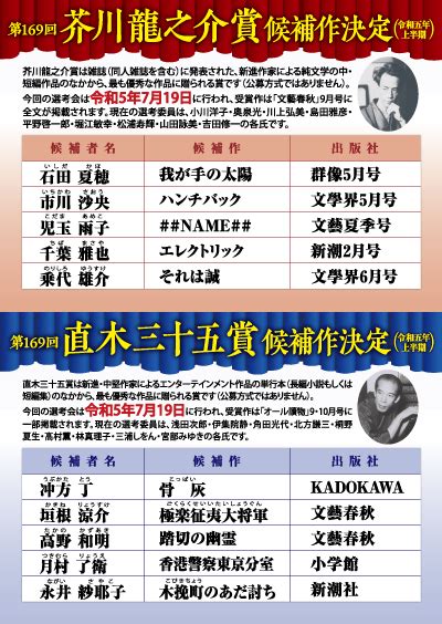 第169回芥川賞・直木賞の候補作をご紹介いたします。 紀伊國屋書店 本の「今」に会いに行こう