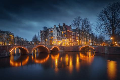 Wallpaper Night Water Reflection Urban Trees Sky Building