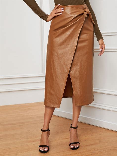 Knot Side Wrap Pu Leather Skirt Shein Usa Leather Look Skirts